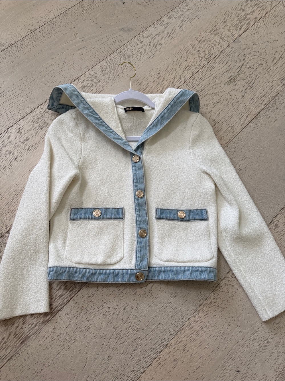 Maje White Jacket with Light Blue Denim Trim
